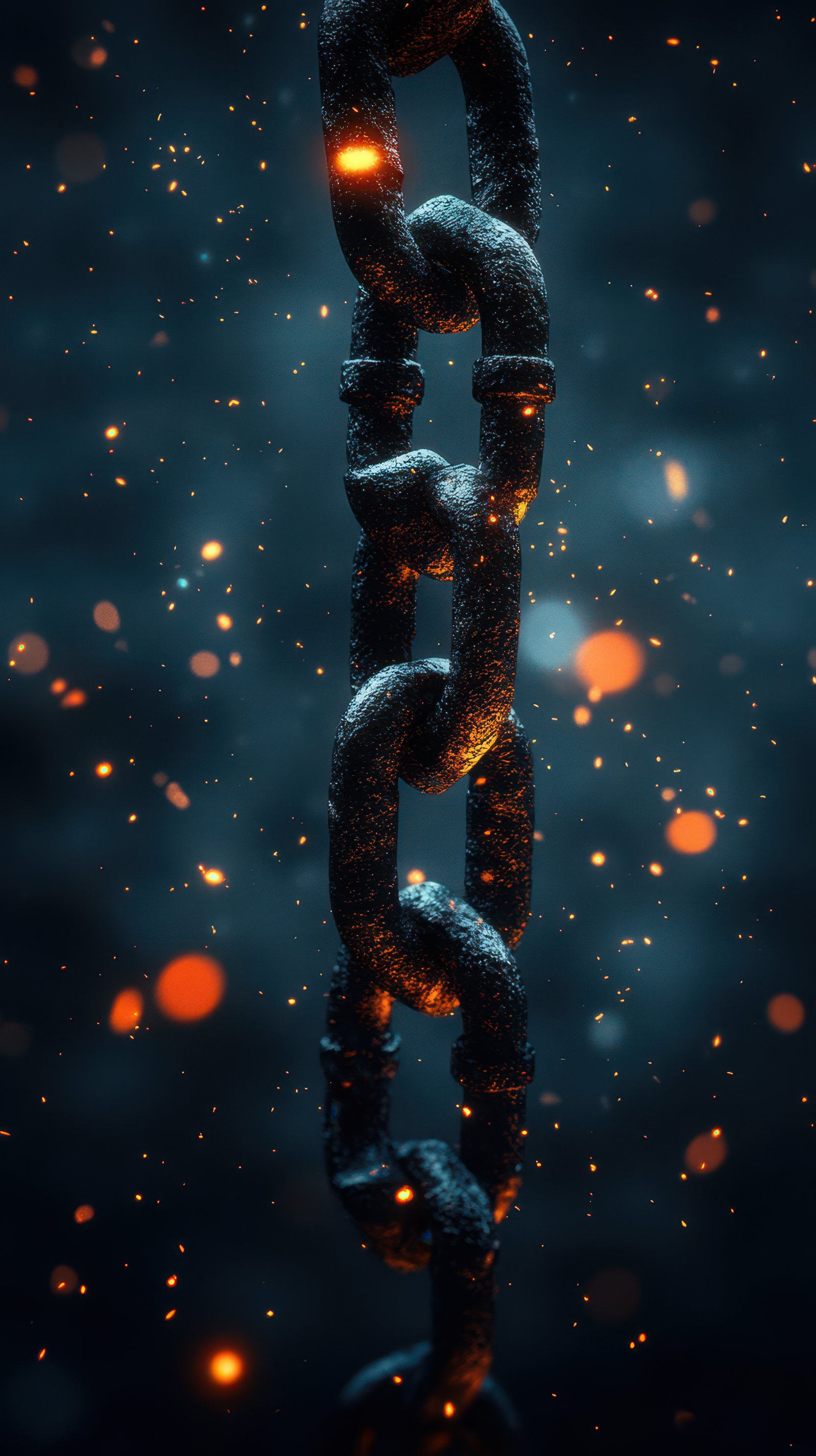 Dark chain surrounded by glowing sparks in a dramatic setting with an atmospheric background